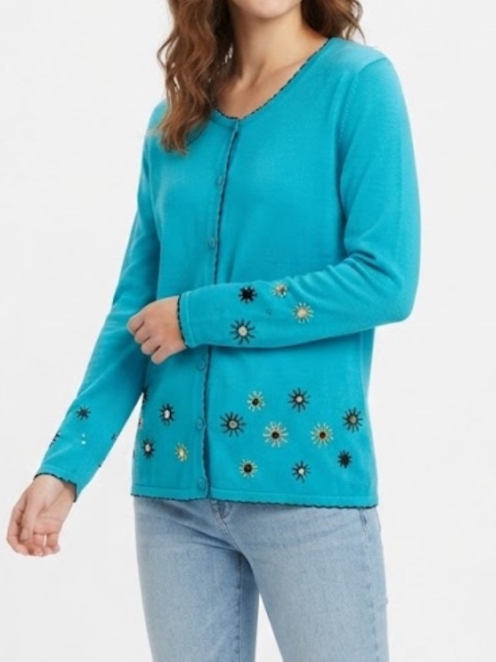 JohnPaulRichard Vintage Turquoise Embroidered Button-Front Cardigan Size Large